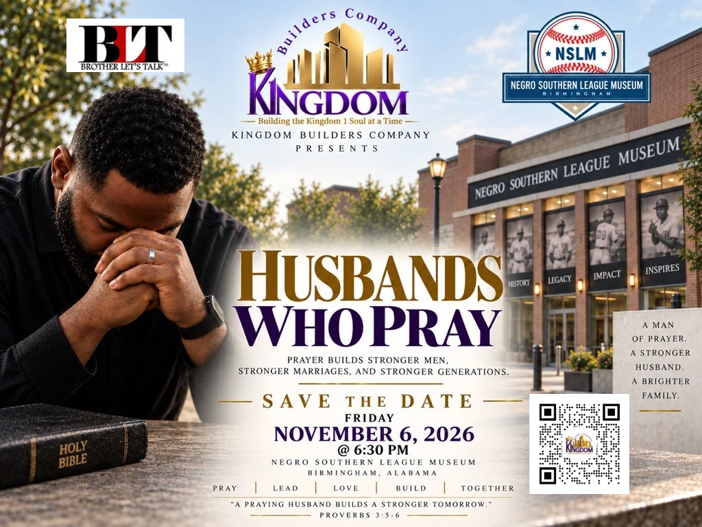 Husbands Who Pray flyer — Friday, November 6, 2026 at 6:30 PM, Negro Southern League Museum, Birmingham