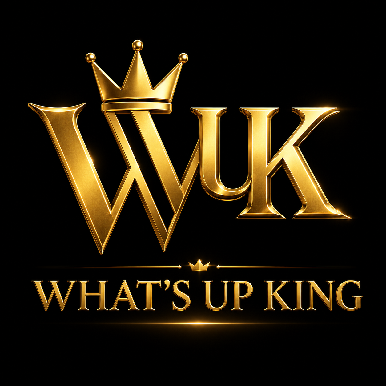What's Up King crest — three-dimensional gold WUK monogram with a crown